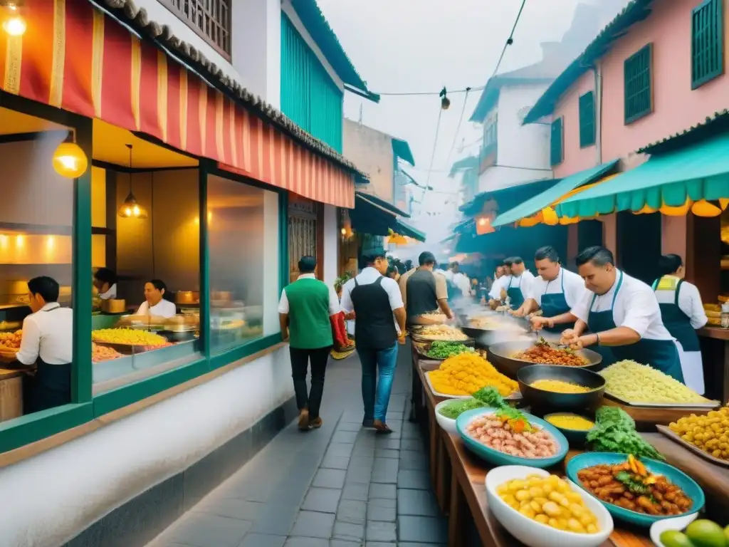 Restaurantes de Lima cocina peruana: Calle bulliciosa con coloridos restaurantes y clientes disfrutando de platillos tradicionales