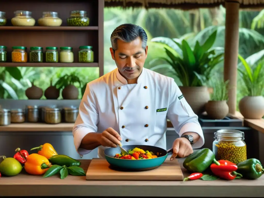 Un retrato detallado del chef peruano Pedro Miguel Schiaffino en su cocina amazónica, creando sabores auténticos con ingredientes vibrantes