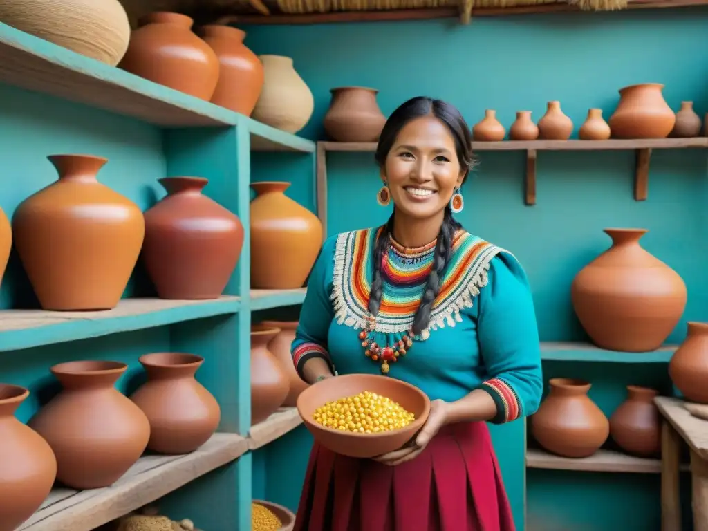 Chichería peruana: tradición y fermentación en detalle Un retrato detallado de una chichería peruana tradicional, con mujeres preparando chicha y ambiente festivo