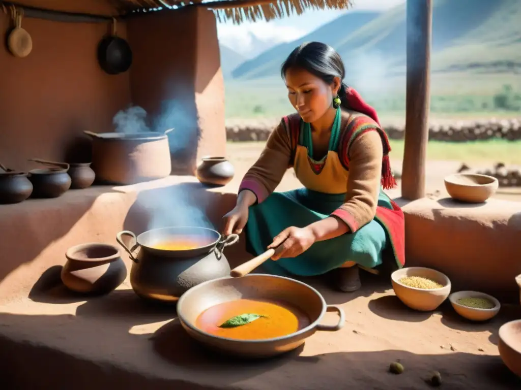 Un retrato detallado de una cocina andina tradicional, mujeres indígenas preparando la sopa ancestral Saralawa Andes