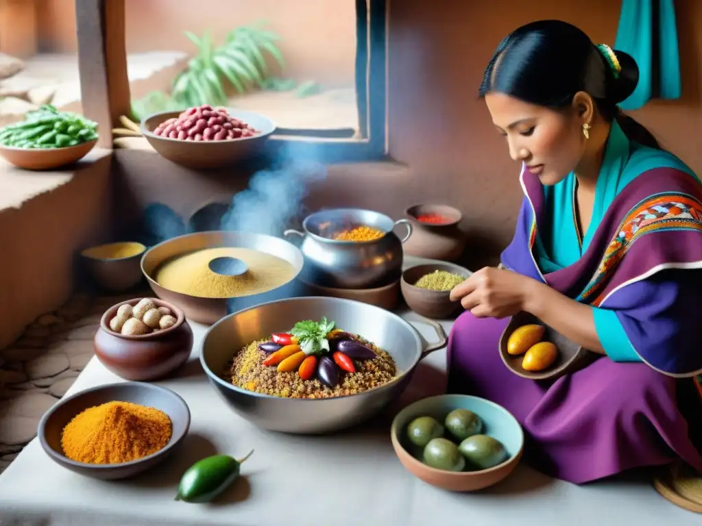 Un retrato detallado de una cocina peruana tradicional con ingredientes autóctonos vibrantes y mujeres indígenas preparando platillos