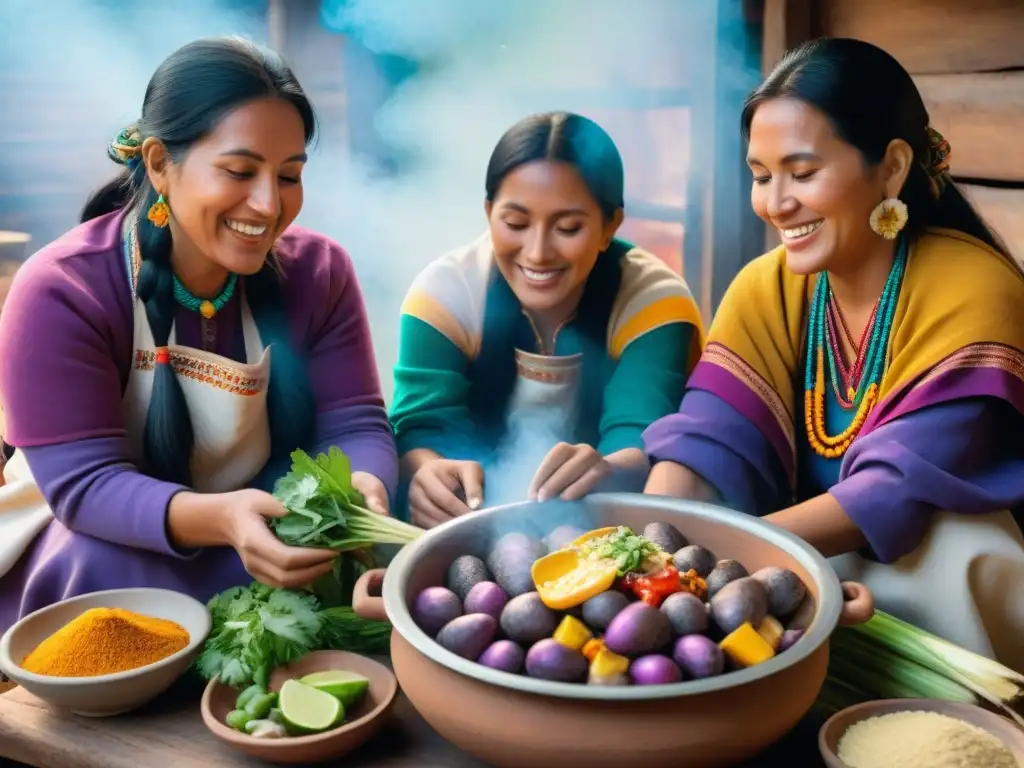 Un retrato detallado de una cocina peruana tradicional, mujeres cocinando cuy con ingredientes coloridos