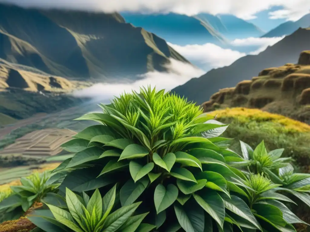 Un retrato detallado de una exuberante planta de kiwicha en los Andes, resaltando sus hojas y granos, con un agricultor local