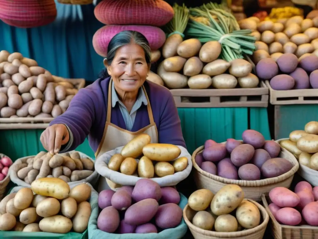 Un retrato detallado de un mercado peruano vibrante, resaltando la importancia de ingredientes autóctonos en la gastronomía peruana