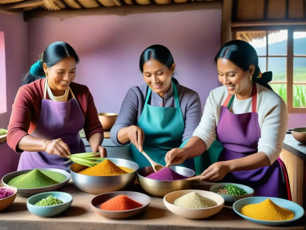 Un retrato detallado de mujeres indígenas peruanas preparando platillos ancestrales con ingredientes autóctonos en una cocina rústica