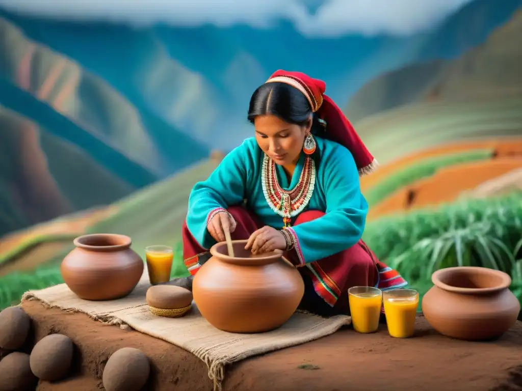 Un retrato detallado de mujeres indígenas peruanas elaborando Chicha de Jora con técnicas ancestrales de fermentación en paisajes andinos vibrantes