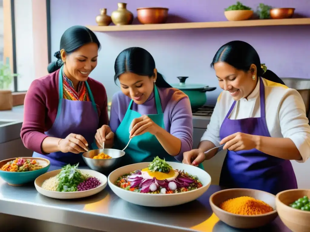 Un retrato detallado de mujeres indígenas peruanas preparando platos tradicionales con ingredientes autóctonos