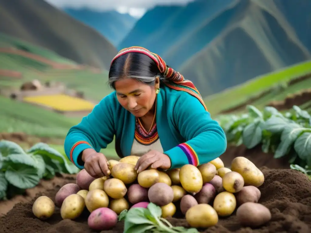 Un retrato detallado de mujeres peruanas recolectando papas en los Andes