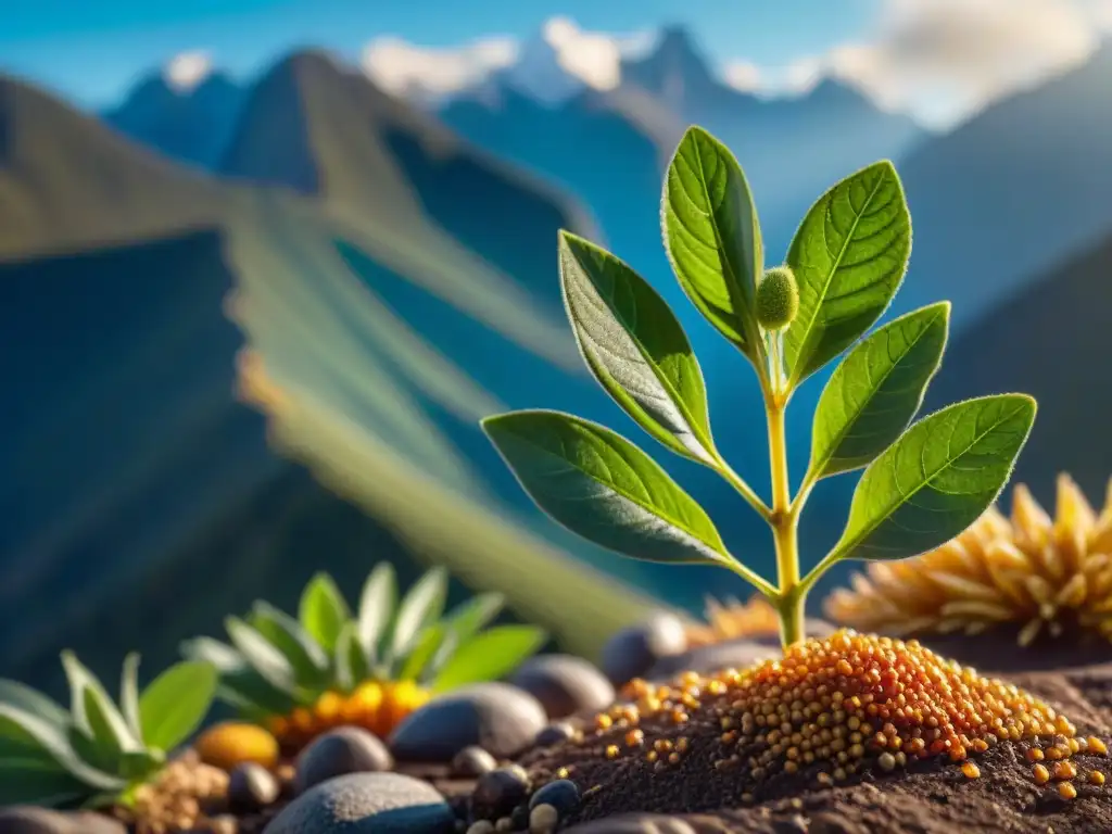 Un retrato detallado de una planta de kiwicha vibrante bajo la luz dorada de los Andes peruanos, destacando sus beneficios como superalimento peruano