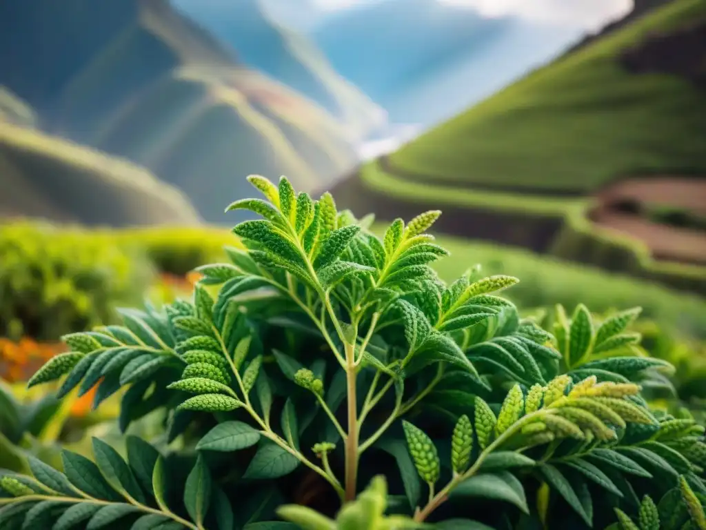 Un retrato detallado de una vibrante planta de quinua en los Andes, en armonía con la sostenibilidad ambiental y la cocina peruana tradicional