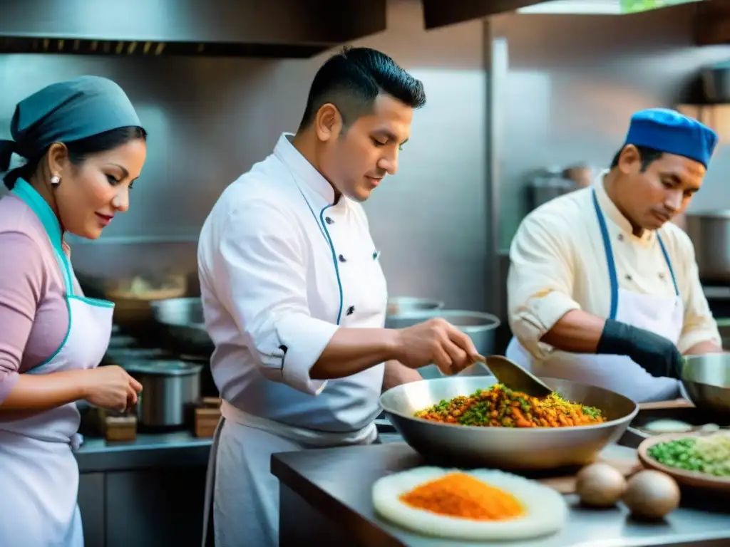 Un retrato documental de éxito inclusión social gastronomía peruana en una cocina vibrante con chefs y miembros de la comunidad trabajando juntos