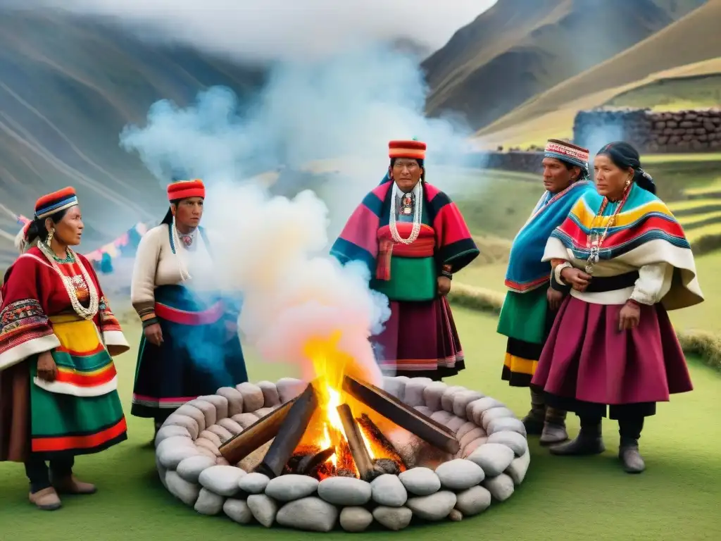 Reunión de indígenas peruanos preparando Pachamanca en los Andes