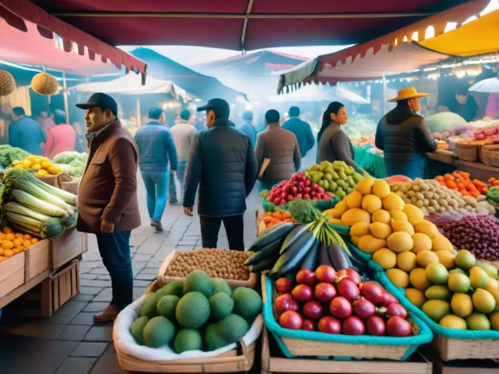 Revista gastronómica peruana muestra vibrante mercado con productos frescos y coloridos