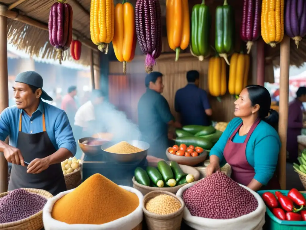 Revistas especializadas cocina peruana: Mercado tradicional peruano rebosante de colores y sabores, chefs seleccionando ingredientes frescos