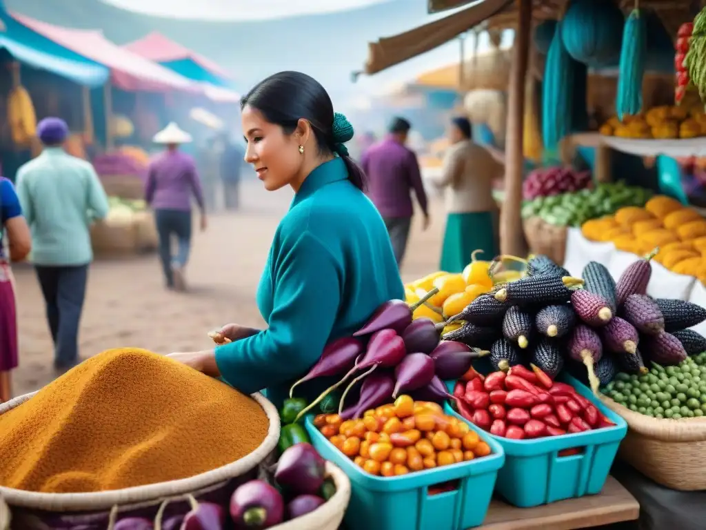 Revolución culinaria en Perú: mercado vibrante con productos frescos, textiles andinos y mujeres en polleras coloridas