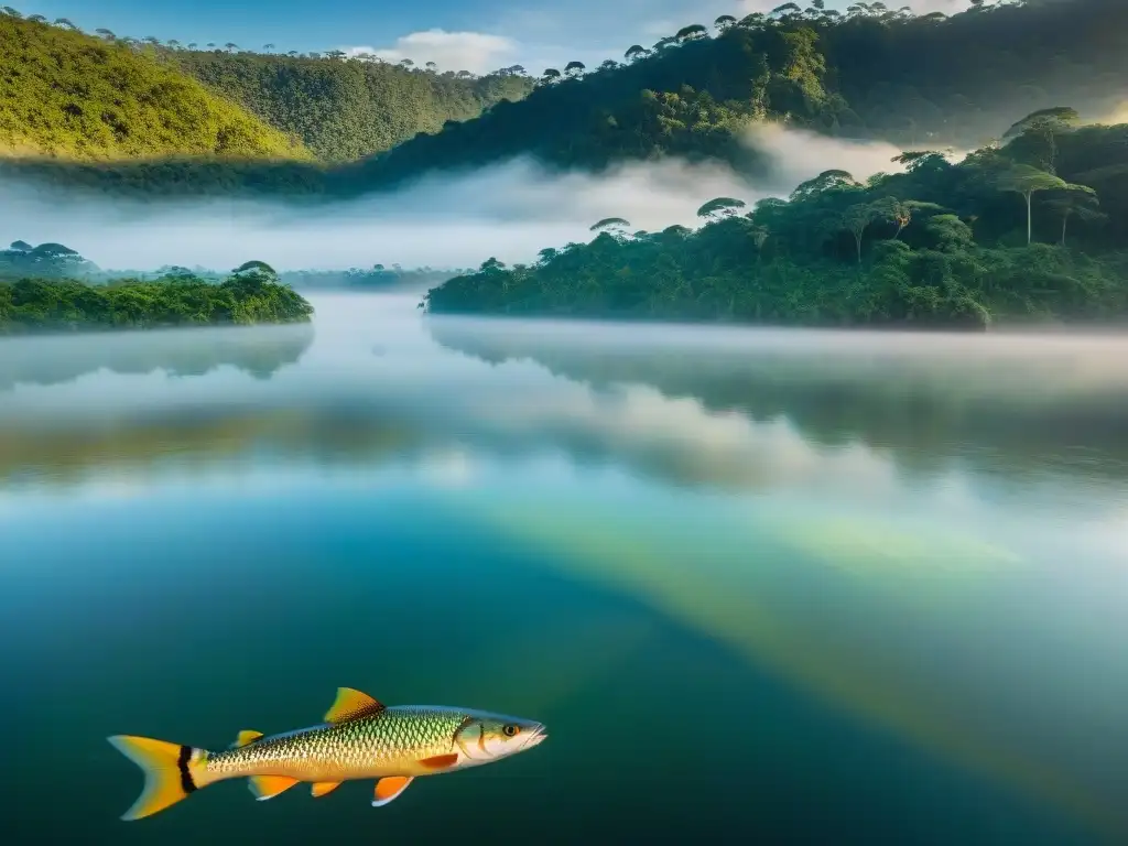 Río amazónico al atardecer, con un paiche nadando y la selva reflejada