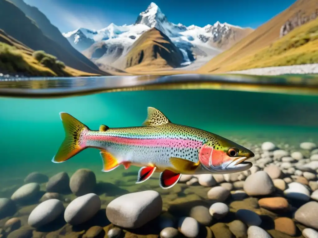 Un río cristalino en los Andes de Perú, con truchas arcoíris nadando en un entorno natural