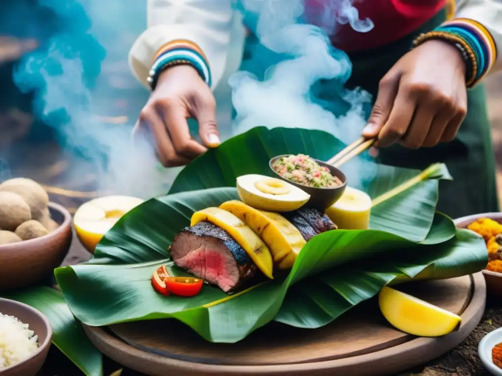 Un ritual ancestral cobra vida en la Pachamanca peruana: carne, papas y verduras envueltas en hojas de plátano, desenterradas con vapor