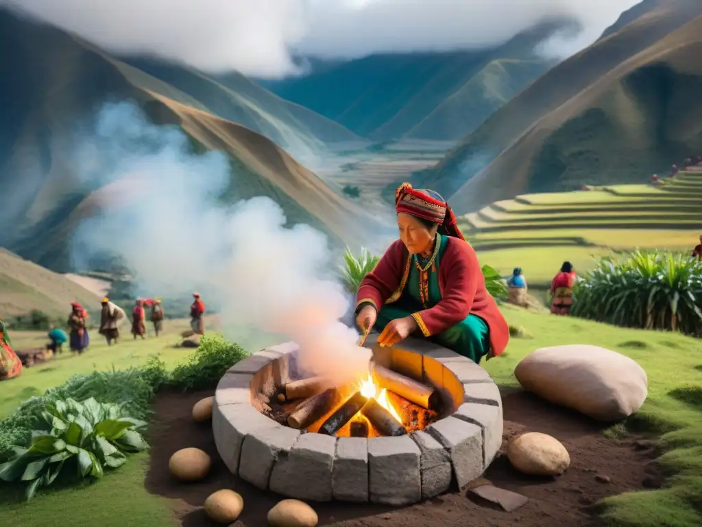 Ritual culinario pachamanca tierra: Comunidad andina preparando ancestral pachamanca en horno de tierra, rodeados de montañas verdes