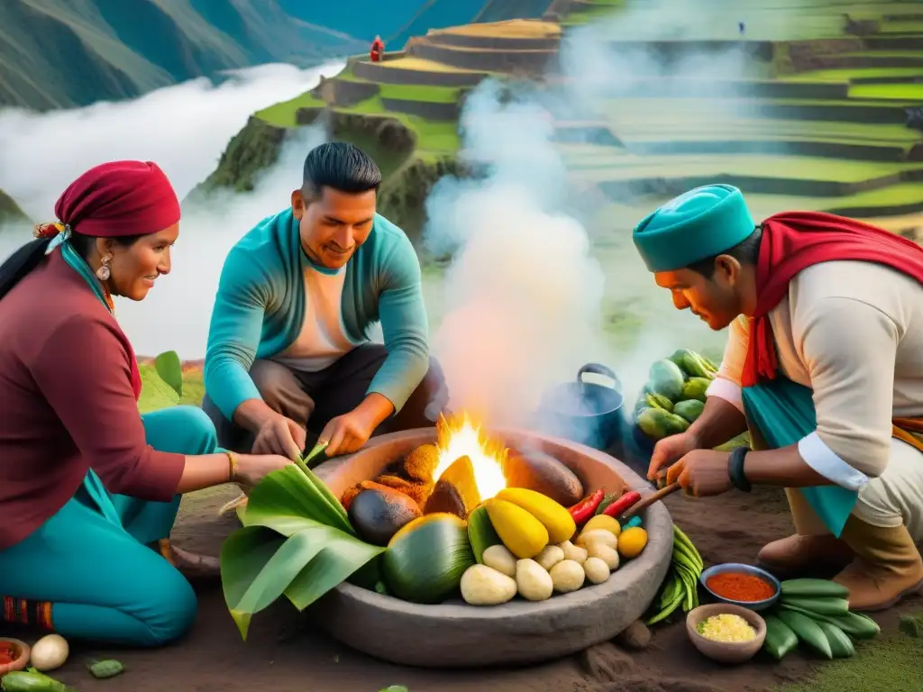 Ritual culinario pachamanca tierra: Chef y locales preparan festín ancestral en hoyo de piedra con carnes y vegetales