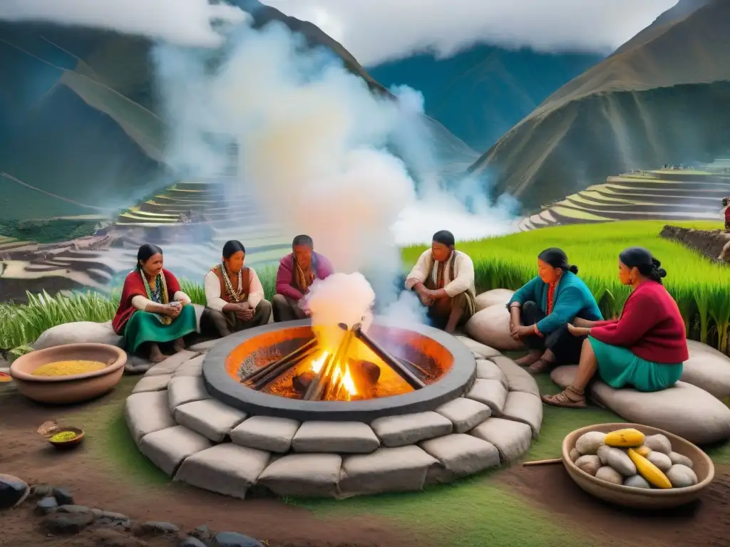 Un ritual culinario pachamanca en la tierra con gente andina cocinando alrededor de un hoyo humeante