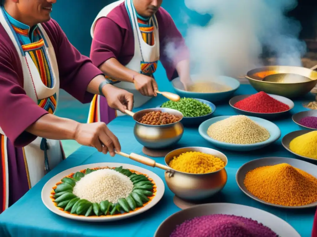 Un ritual gastronómico Inti Raymi en Perú: chefs peruanos en trajes incas preparan un festín con ingredientes locales