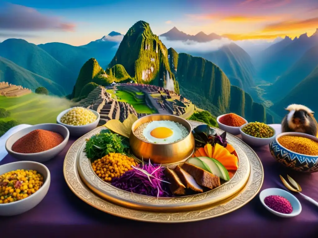 Rituales gastronómicos antiguos en Perú: una festín inca ceremonial con cuy, chicha morada y maíz, en un escenario andino al atardecer