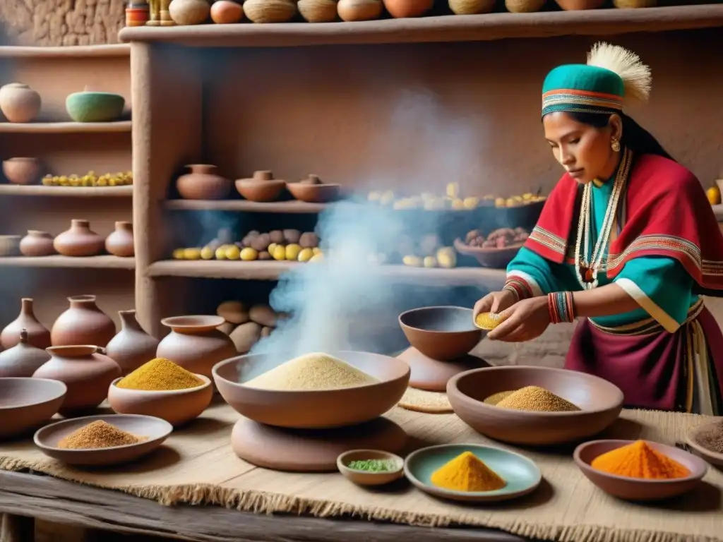 Rituales gastronómicos antiguos en una cocina ceremonial peruana con quinua, papas y maíz