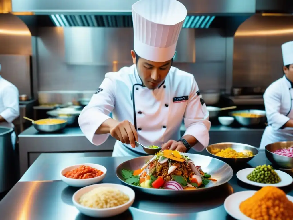 Un robot chef en un restaurante peruano futurista preparando ceviche, fusionando innovación y tradición culinaria