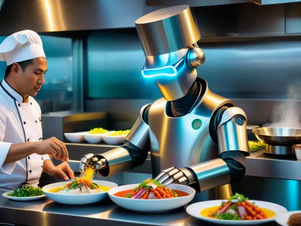 Un robot futurista prepara ceviche en un restaurante peruano, fusionando innovación y tradición culinaria