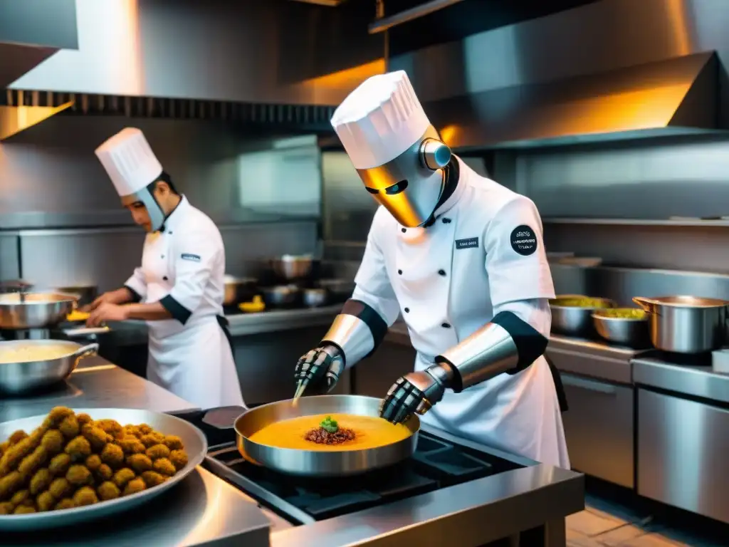 Un robot chef futurista prepara platos peruanos en un restaurante, sorprendiendo a los chefs humanos