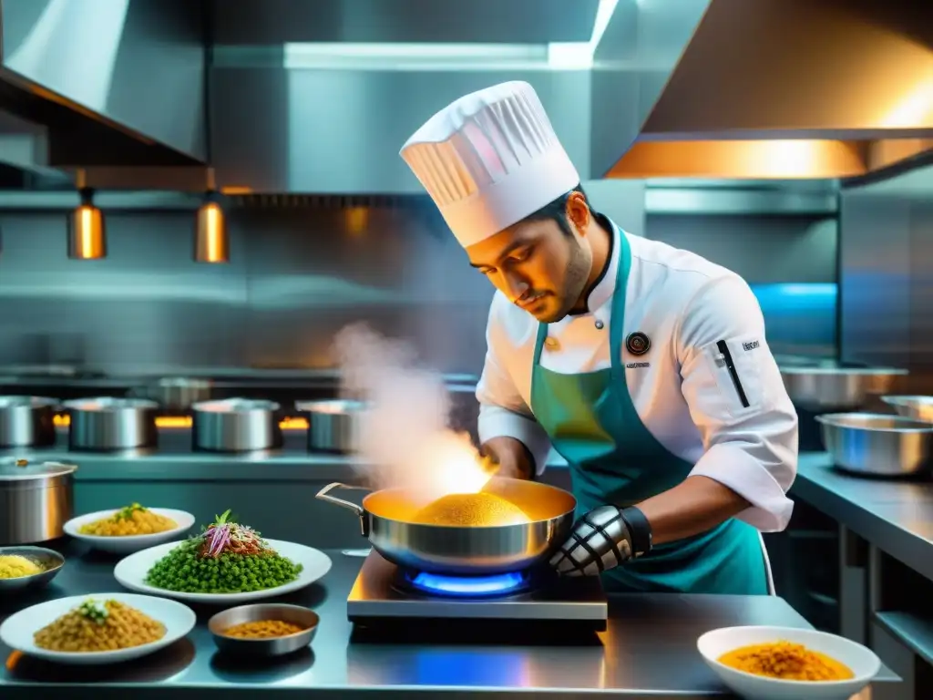 Un robot chef futurista preparando platos peruanos en una cocina bulliciosa, fusionando tradición e innovación