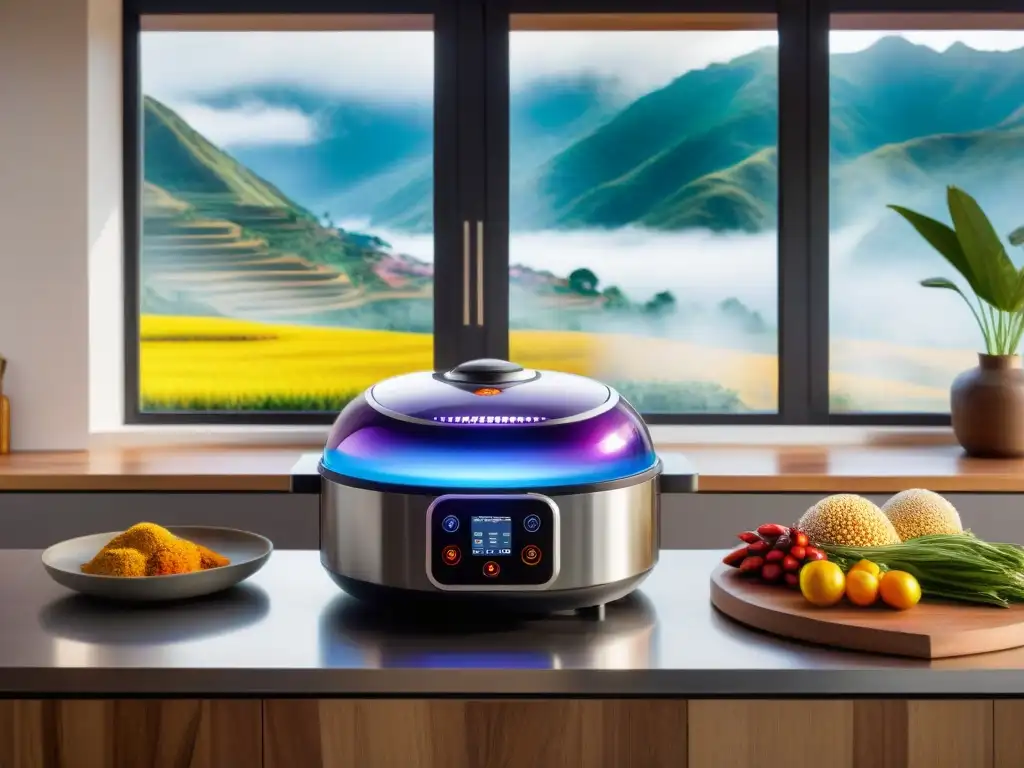 Un robot de cocina AI mezcla con precisión ingredientes peruanos en una cocina moderna