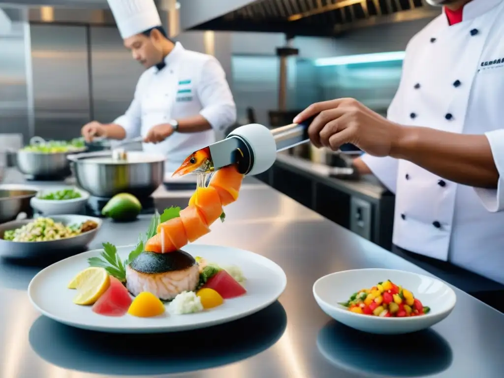 Robótica en la gastronomía peruana: Un brazo robótico sofisticado sirviendo ceviche en una cocina moderna