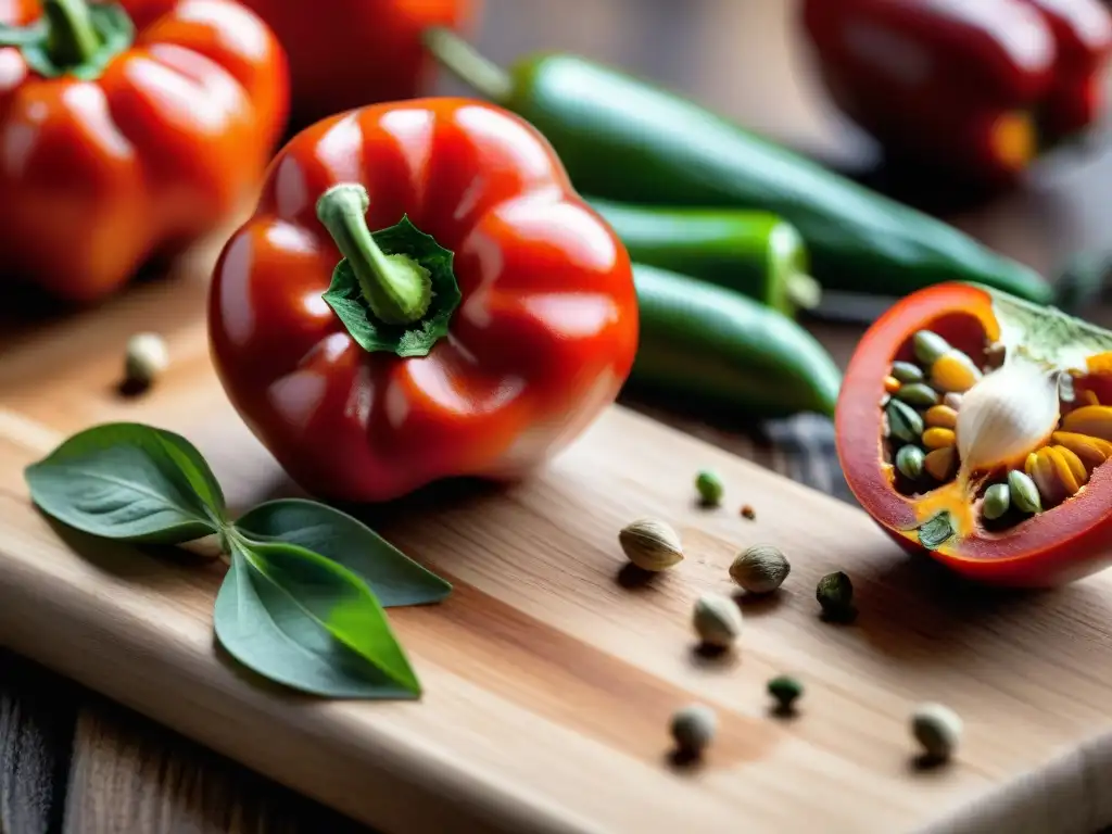 Rocoto peruano rodeado de ingredientes frescos en tabla de madera, listo para ser preparado en deliciosa receta