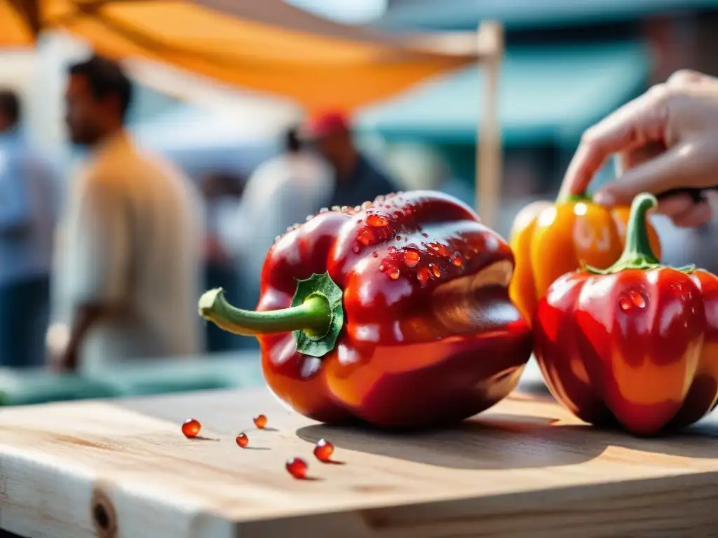 Un rocoto recién cosechado, rojo y brillante, resalta en un mercado