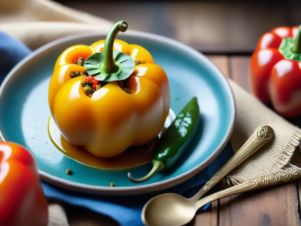 Un Rocoto Relleno Andino humeante en una cocina rústica de los Andes, resaltando sus colores vibrantes y detalles intrincados