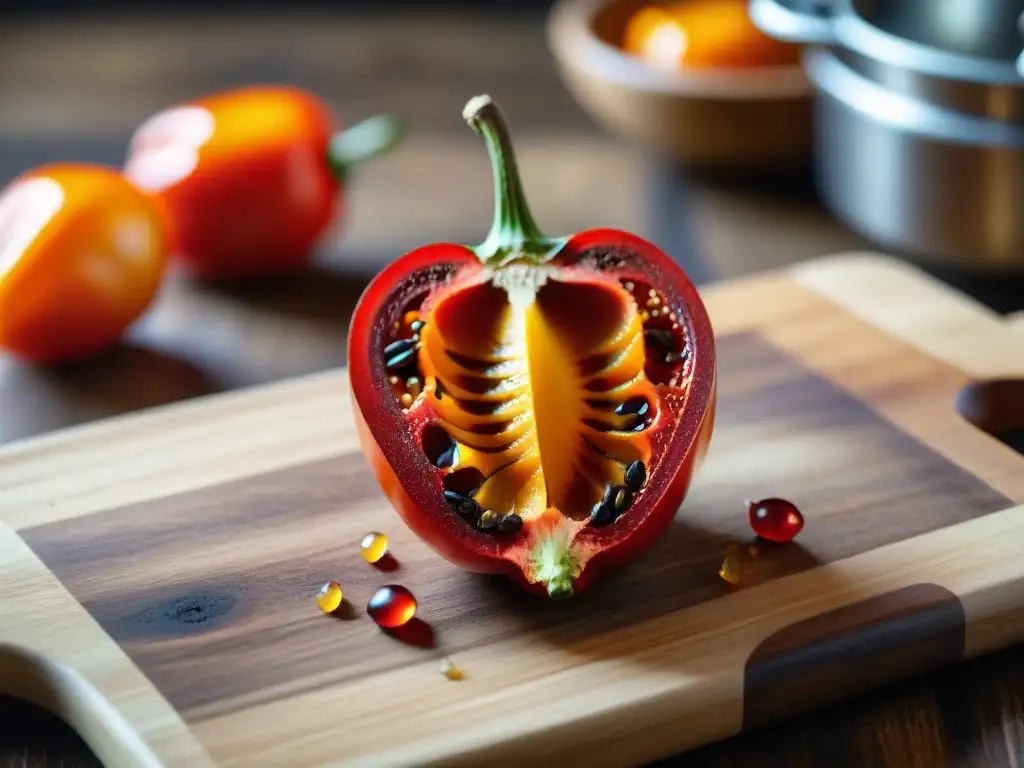 Un rocoto rojo vibrante y fresco, rebanado en una cocina peruana tradicional