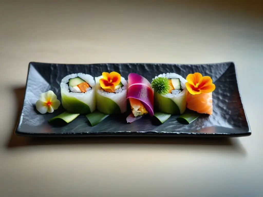 Roll de sushi artísticamente elaborado en cocina fusión peruano-japonesa