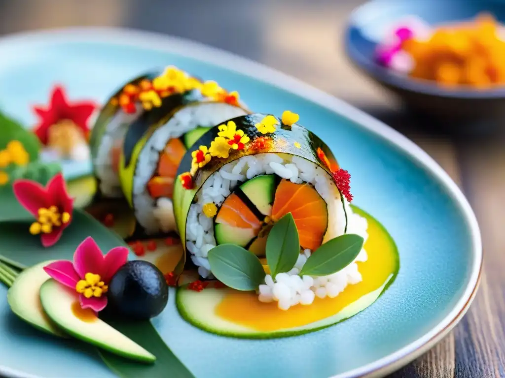 Un rollo de ceviche sushi vibrante con ingredientes autóctonos y coloridas flores comestibles