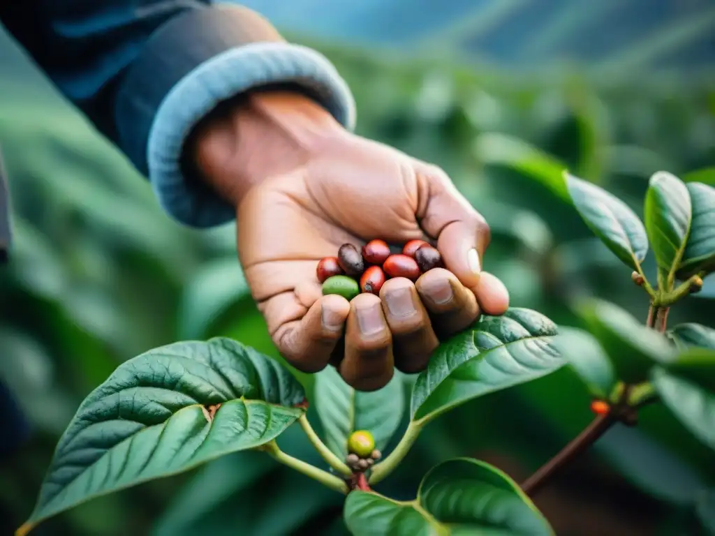 Las rugosas manos del caficultor peruano sujetan un grano de café recién cosechado, en medio de plantaciones verdes y montañas neblinosas