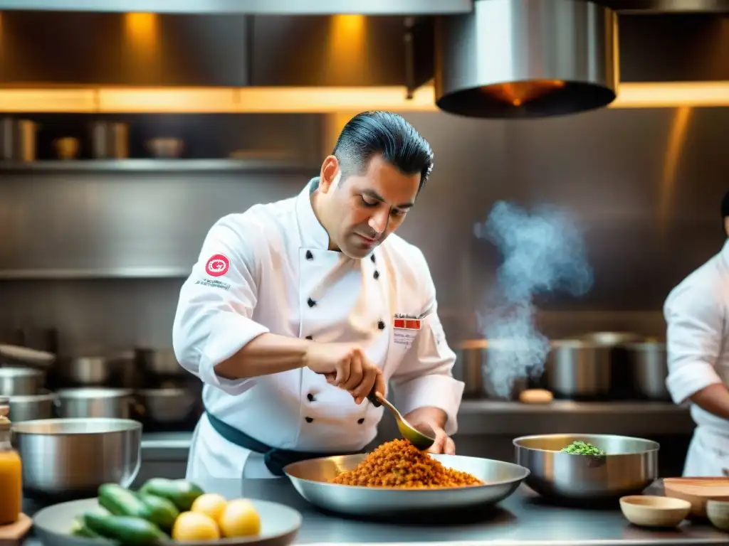 Sabor peruano auténtico: Rafael Osterling preparando plato tradicional en cocina vibrante