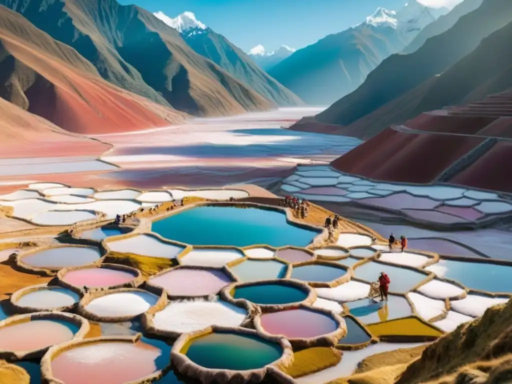 Experimentando con la sal de Maras: paisaje mágico de los coloridos estanques de sal y trabajadores locales en Perú