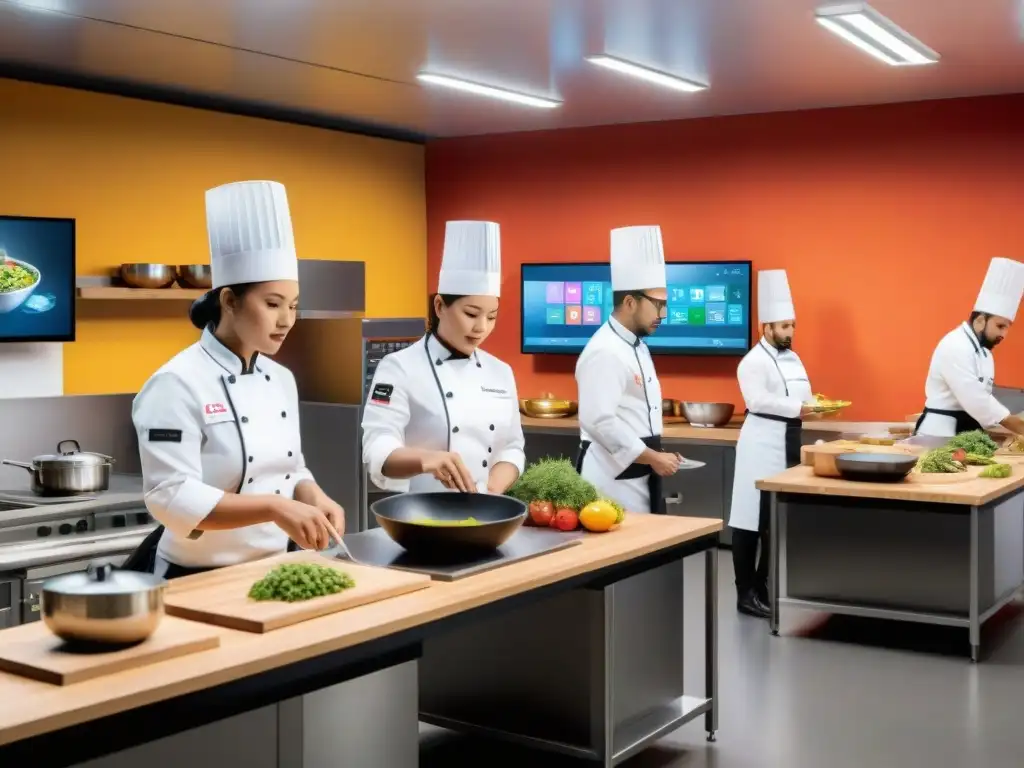 Sala de clase moderna de cocina peruana con realidad aumentada, alumnos aprendiendo con tecnología innovadora