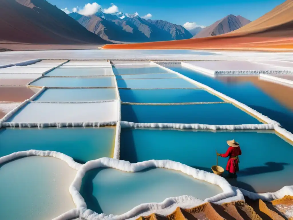 Un salinero peruano en acción en las Salinas tradicionales, resaltando la belleza de la gastronomía en Perú