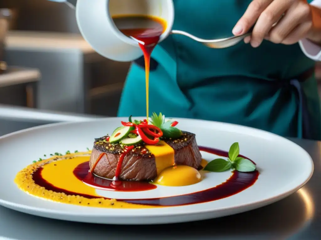 Salsa peruana vibrante realza plato gourmet en cocina moderna Salsas peruanas innovadoras: Detalle de una salsa roja cascada sobre un exquisito plato en cocina de alta gama