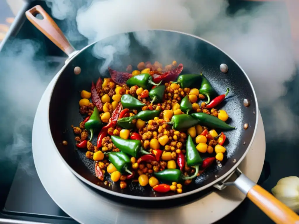 Un sartén hirviente con chiles peruanos, ajo y especias, cocinando en aceite de oliva