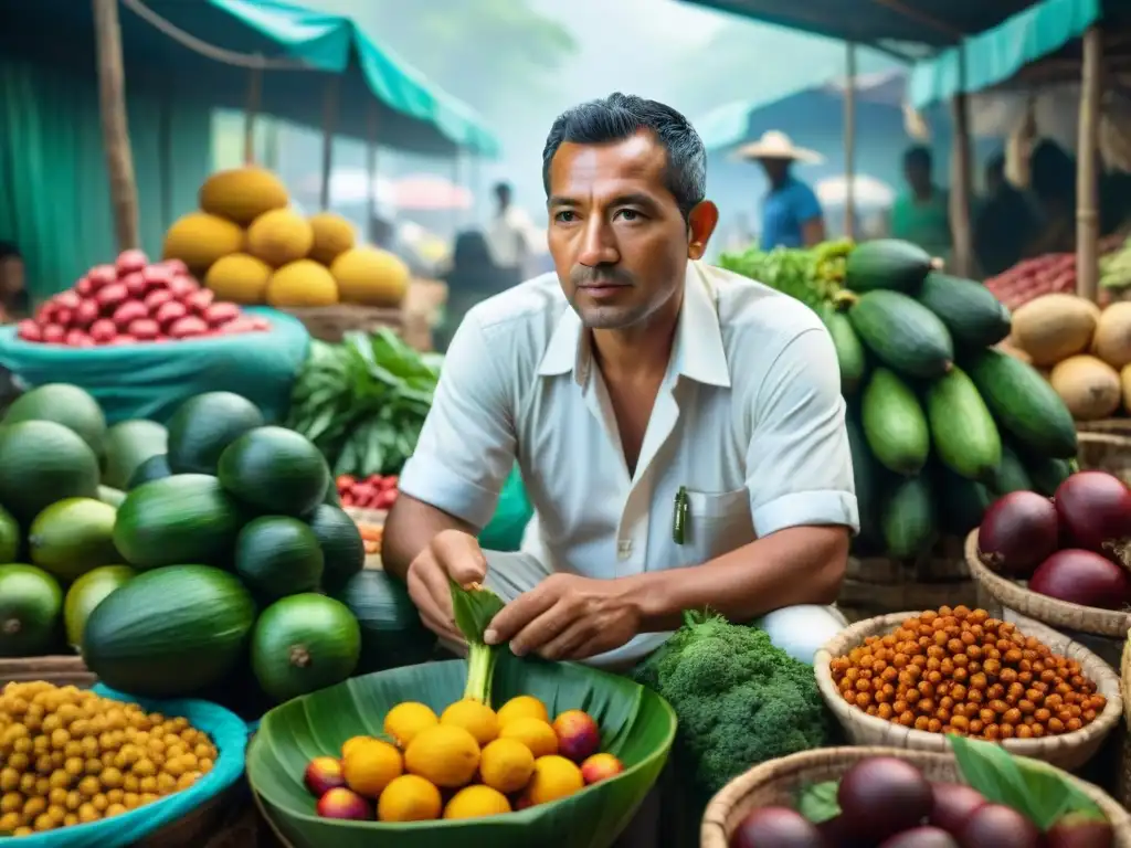Pedro Miguel Schiaffino seleccionando ingredientes autóctonos en un bullicioso mercado, conectando con la biodiversidad amazónica