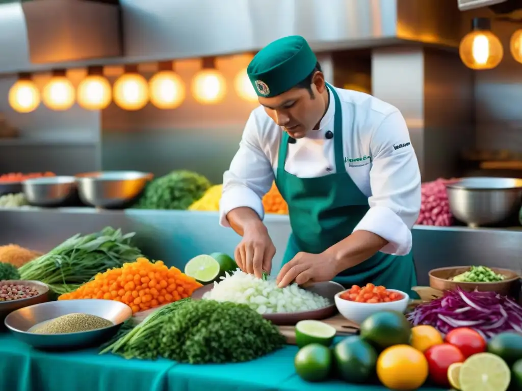 Secreto del ceviche peruano ancestral: un chef prepara ceviche en un mercado tradicional de Perú