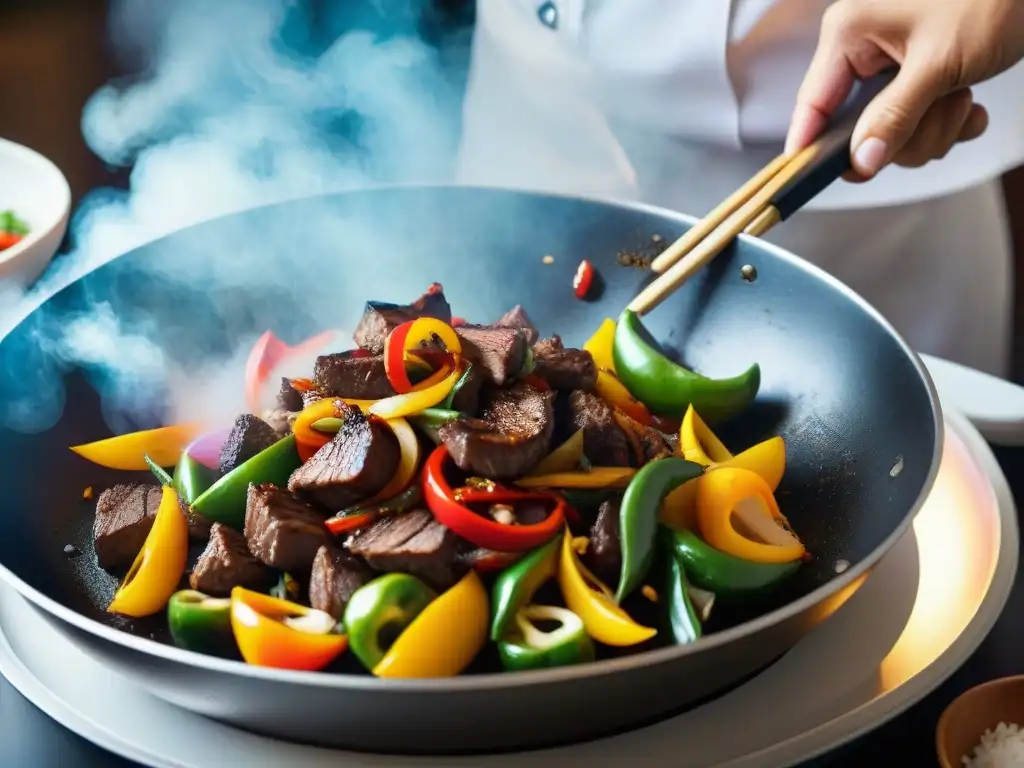 El secreto del lomo saltado: Un chef experto salteando ingredientes en un wok humeante con destreza y pasión